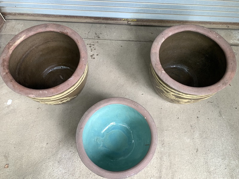 引取限定】まとめて3点 古いピータン甕 壺 花鳥図 メダカ 金魚 睡蓮 鉢 