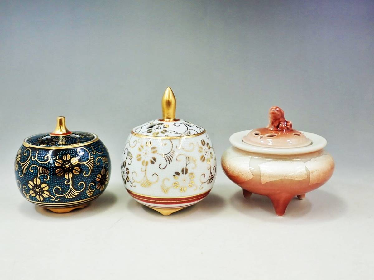 九谷焼 香炉 茶道具 美品 未使用？ 青粒手 日本美術 伊平作 金彩 |