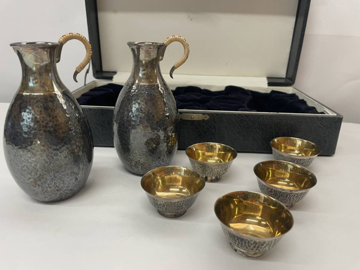 純銀　酒器揃え　チロリ２個　盃５個 ちろり 錫製 酒器セット 本錫 お猪口 盃5個 酒器揃え