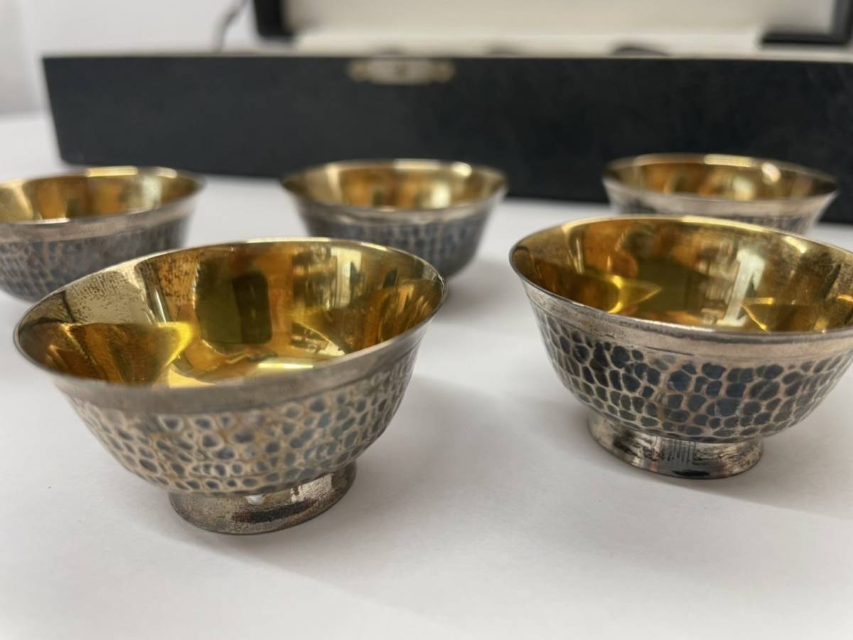 純銀　酒器揃え　チロリ２個　盃５個 ちろり 錫製 酒器セット 本錫 お猪口 盃5個 酒器揃え
