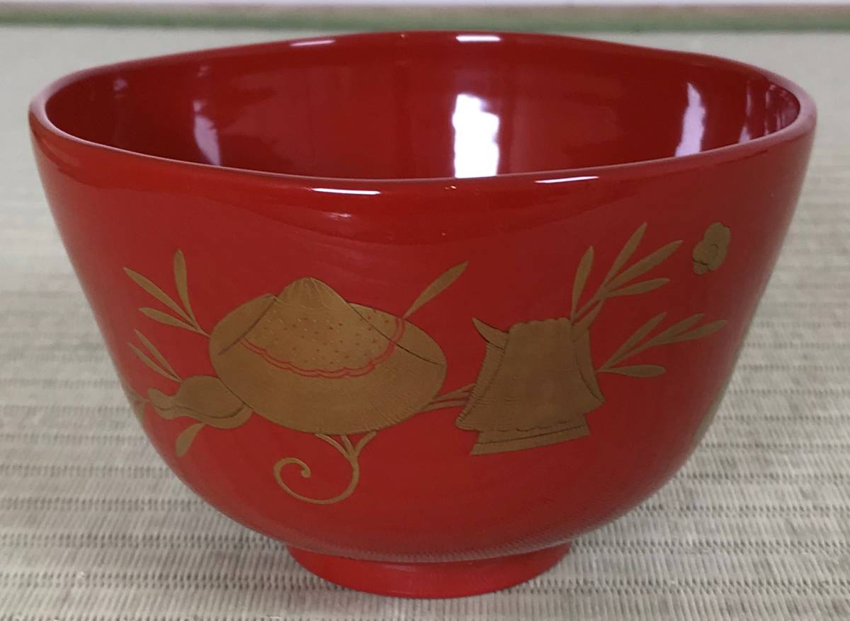 新品未使用☆前端春斉 漆塗鳳凰蒔絵茶碗 新品未使用☆前端春斉 漆塗