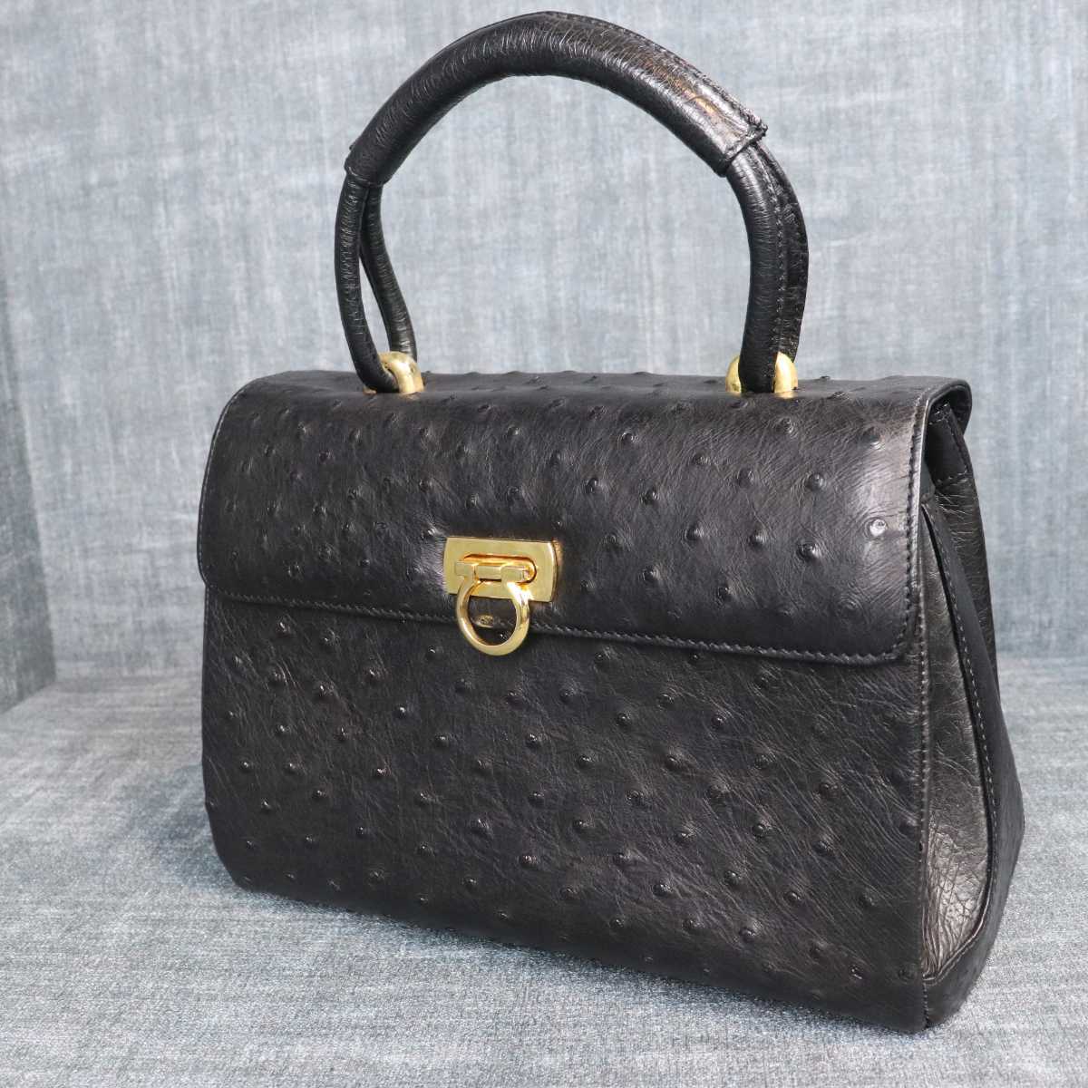 ★１円スタート★ オーストリッチ ゴールド金具 ダチョウ genuine ostrich 駝鳥 高級 １スタ ハンドバッグ ブラック 黒 エキゾチックレザー