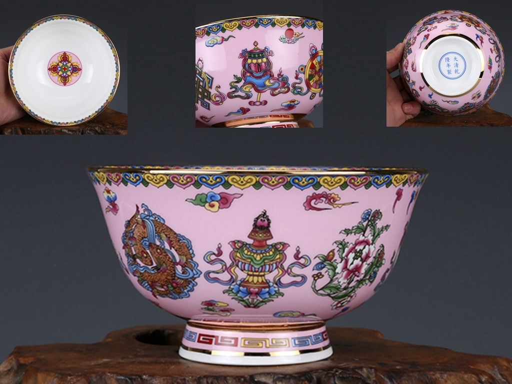 ☆大清乾隆年制款 粉彩八寶花卉紋 茶碗☆高さ7cm 直径13cm 乾隆粉