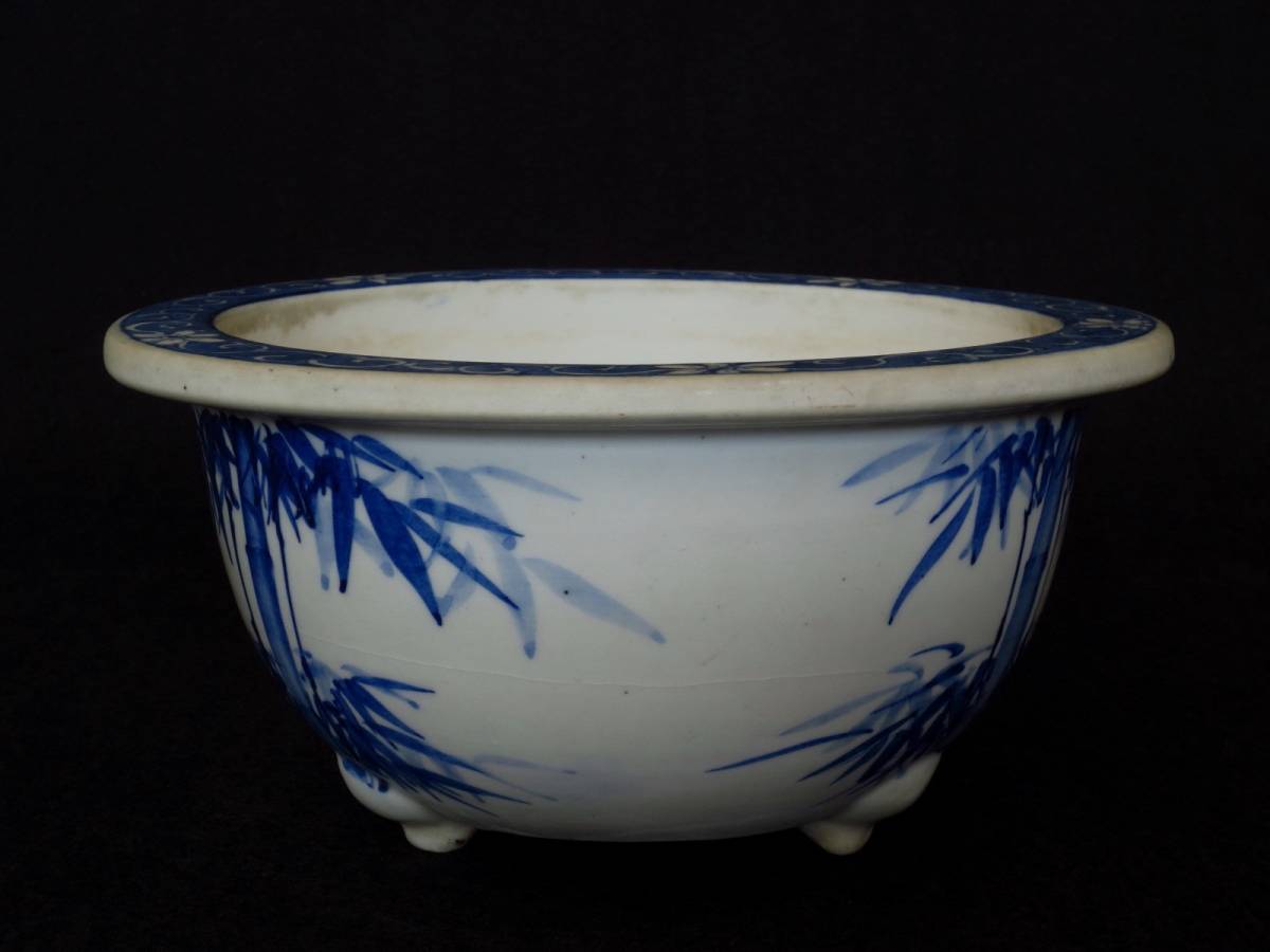 古瀬戸 尾張 染付牡丹図丸鉢 古鉢 蘭鉢 植木鉢 盆栽鉢 古玩 日本