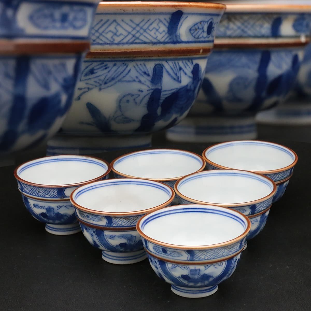 EC426 時代物 染付山水花鳥文煎茶碗 六客・青花山水花鳥紋茶杯・染付盃