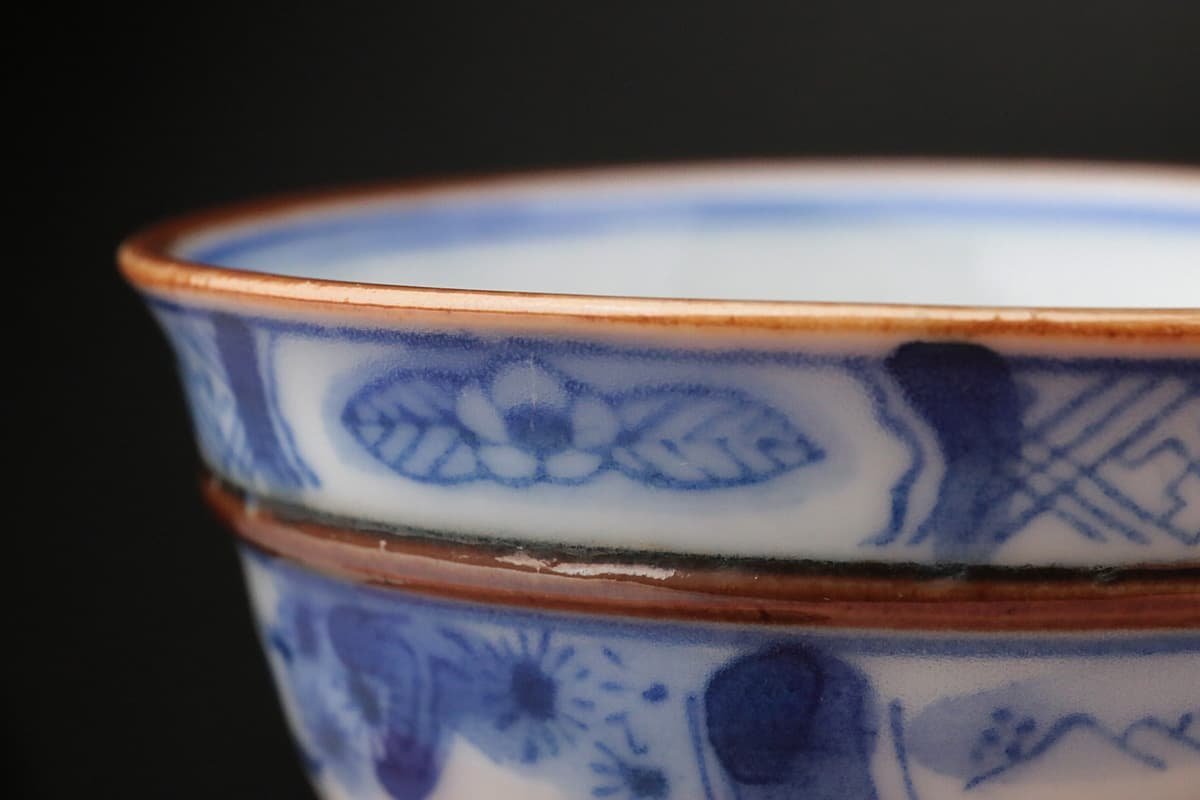 EC426 時代物 染付山水花鳥文煎茶碗 六客・青花山水花鳥紋茶杯・染付盃