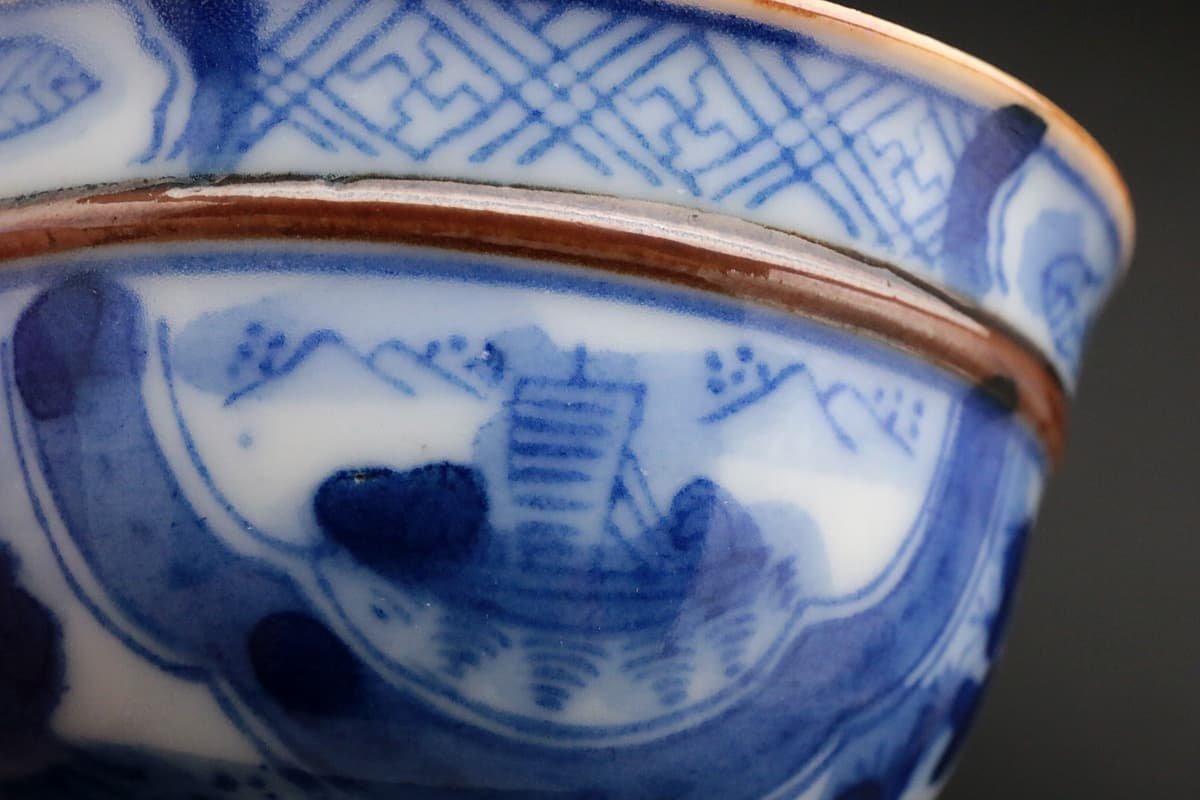 EC426 時代物 染付山水花鳥文煎茶碗 六客・青花山水花鳥紋茶杯・染付盃
