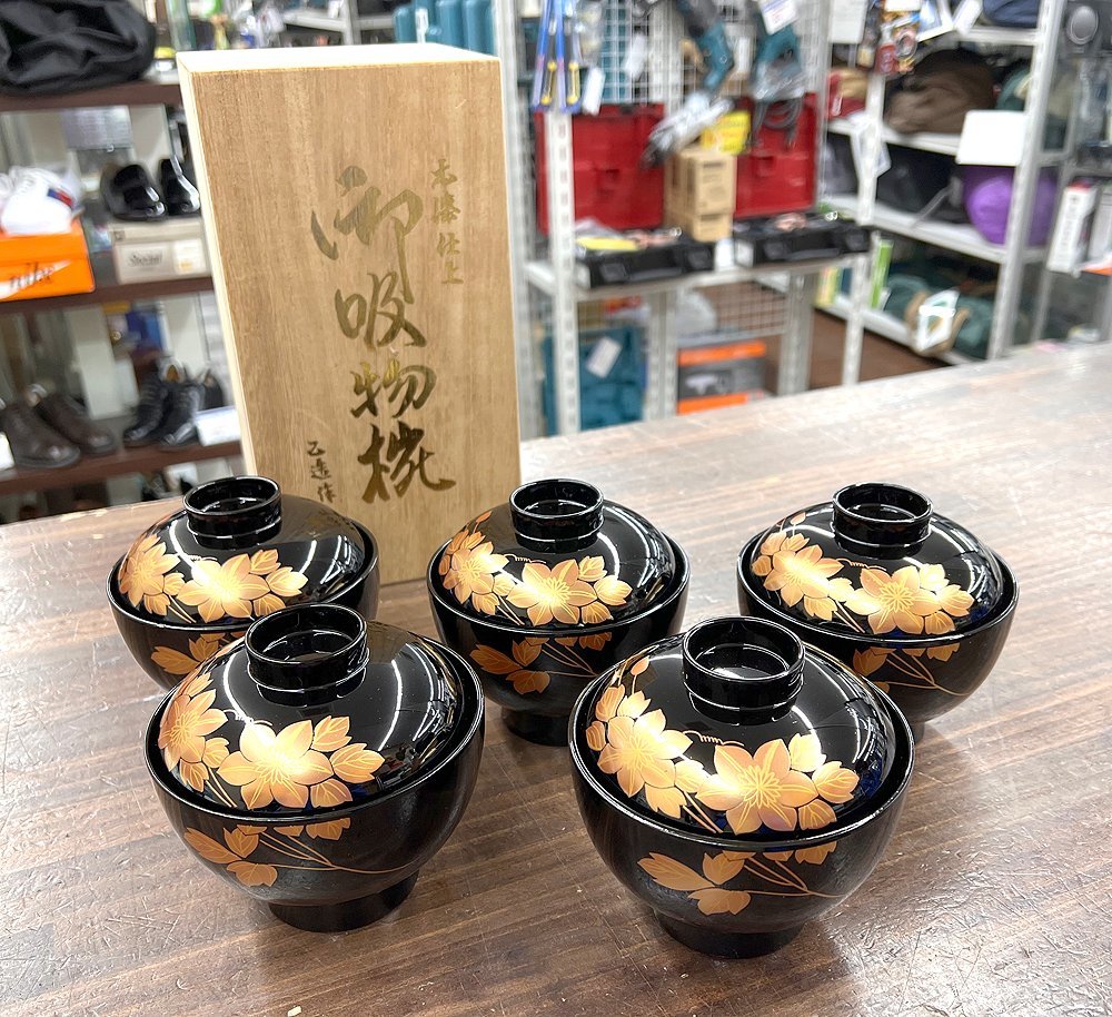 高級漆器 乙造作 本漆仕上 漆器 吸物椀 5客セット 金彩 波文様 美術品・アンティーク・コレクション 高級漆器 乙造作 本漆仕上 漆器