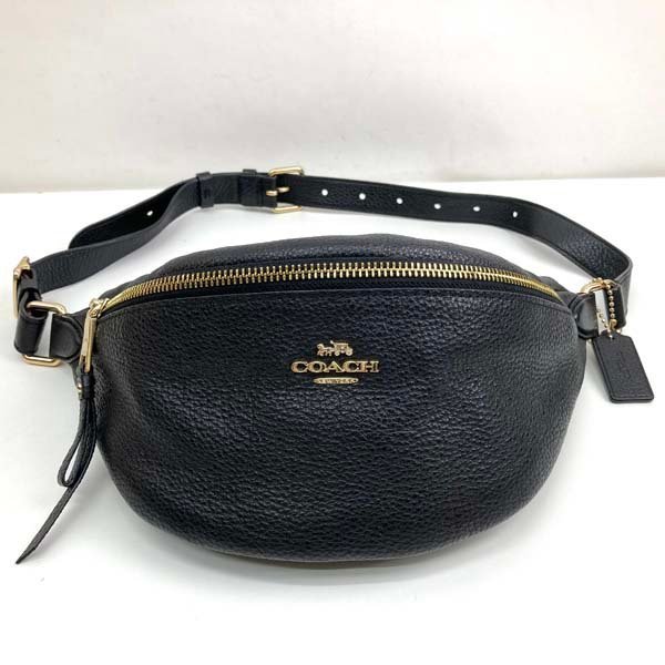 COACH コーチ ポーチ ブラック レザー ゴールド金具 ストラップ付き 