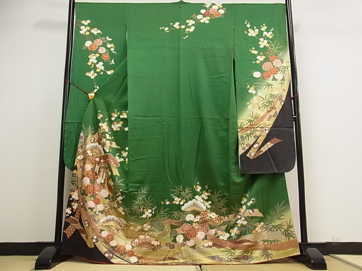 金彩 駒刺繍 平和屋着物□豪華振袖 正絹 絞り 御所車花文 藤花房