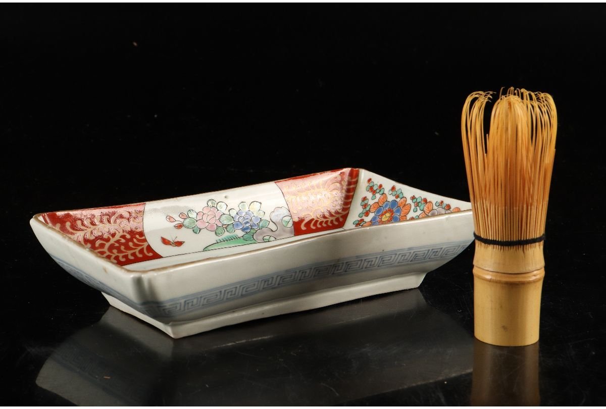 URA]伊万里色絵花鳳凰図長角皿5客/4-9-98(検)骨董/小鉢/小皿/膾皿/銘々