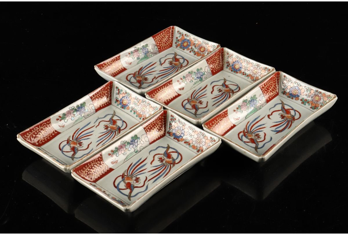 URA]伊万里色絵花鳳凰図長角皿5客⁄4-9-98(検)骨董⁄小鉢⁄小皿⁄膾皿⁄銘々