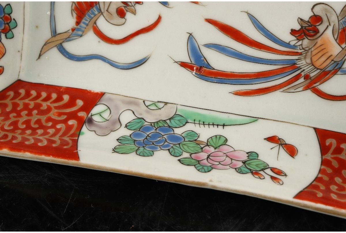 URA]伊万里色絵花鳳凰図長角皿5客⁄4-9-98(検)骨董⁄小鉢⁄小皿⁄膾皿⁄銘々
