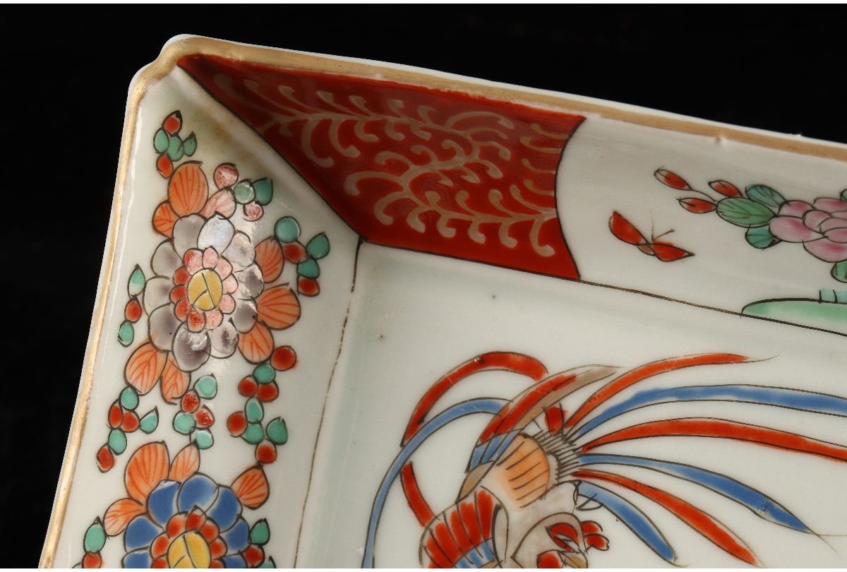 URA]伊万里色絵花鳳凰図長角皿5客⁄4-9-98(検)骨董⁄小鉢⁄小皿⁄膾皿⁄銘々