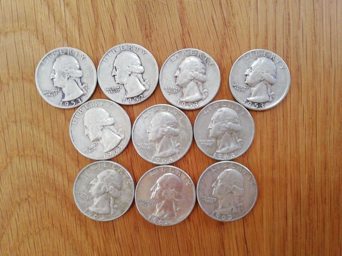 アメリカ　ワシントンコイン　銀貨10枚　1952年×1枚　1953年×3枚　1963年×6枚　25セント　クォーターダラー　シルバーコイン