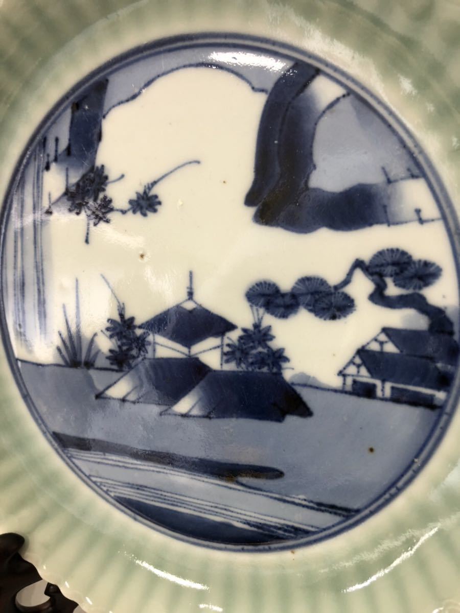 江戸時代 柿右衛門様式 古伊万里青磁染付楼閣山水図輪花中皿四客