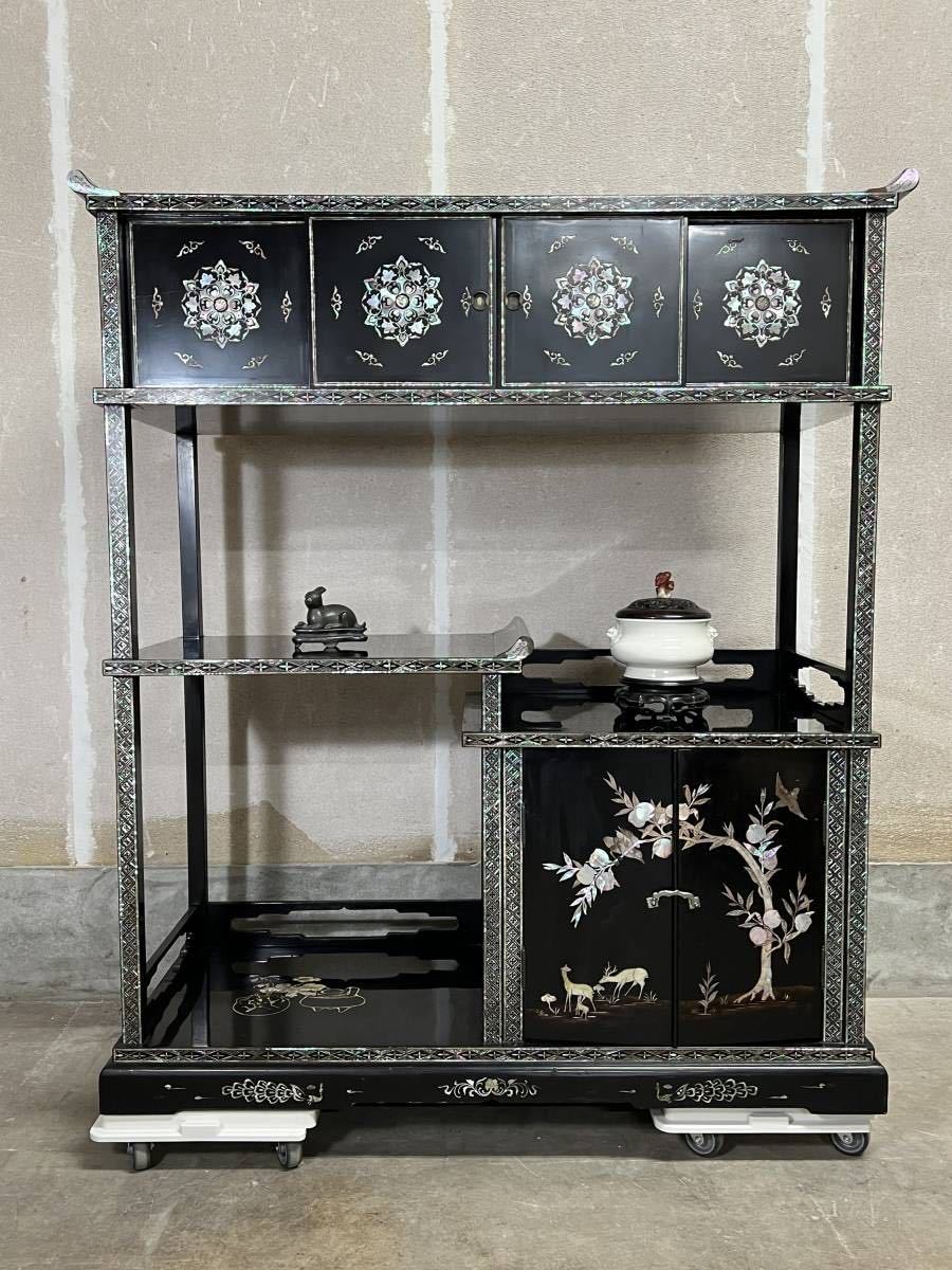 芝】 李朝螺鈿細工 飾棚 箪笥 110㎝ 茶棚 関西某収蔵品 李王家 黒漆 