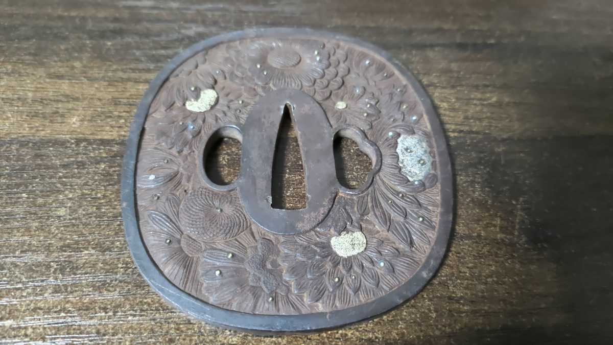江戸明治期 日本刀装具 花鳥図 牡丹 金象嵌 縁頭 3点 骨董品 美術品