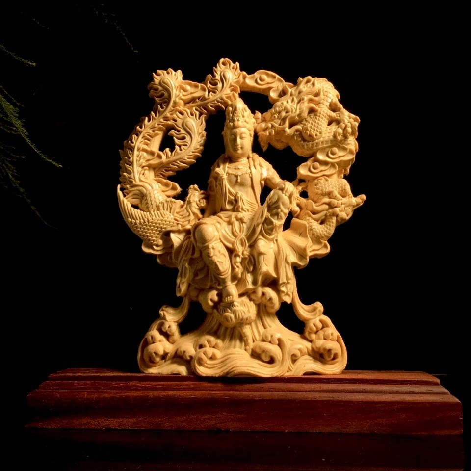美術品 仏教美術 観音菩薩 縁起物 木彫彫刻 龍鳳呈祥観音 仏像 置物 彫刻