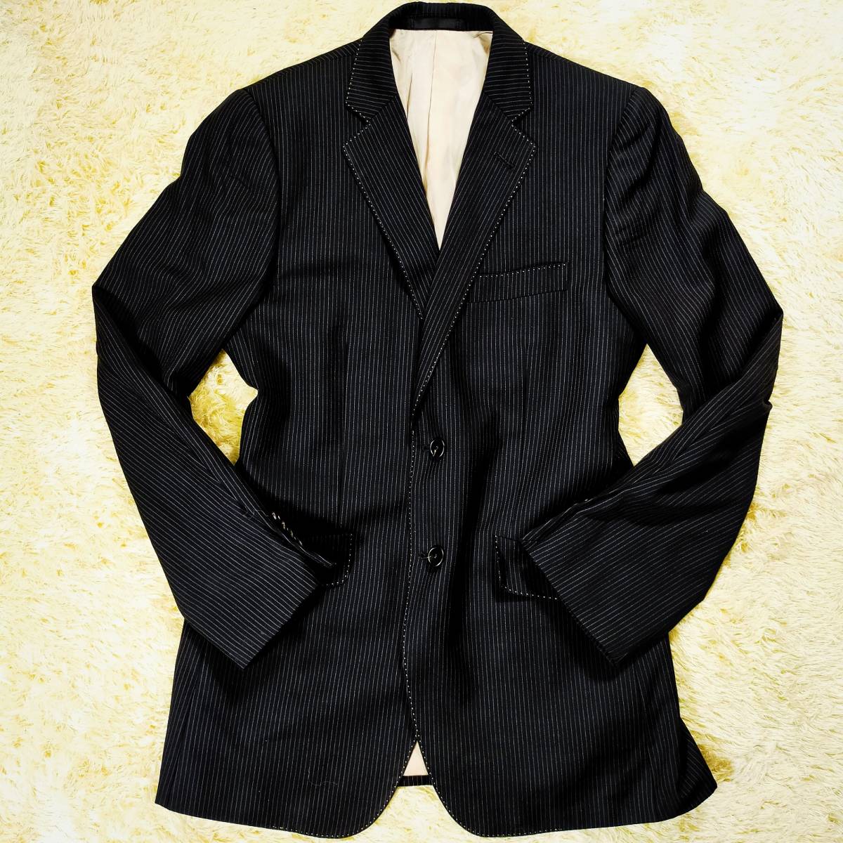 ◆1円～◆ポール・スミス【極上のウール】Paul Smith ジャケット 黒 ブラック ストライプ 花柄 L位 super120's デルフィノ ウール100%