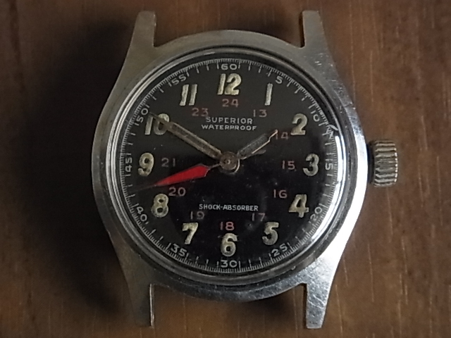 ヴィンテージ　SUPERIOR (NOVELTI WATCH Co) 17石スイス製手巻き　ブラックダイヤル　ミリタリー風２４時間表示 - Vintage The Buy in .A029VE.01