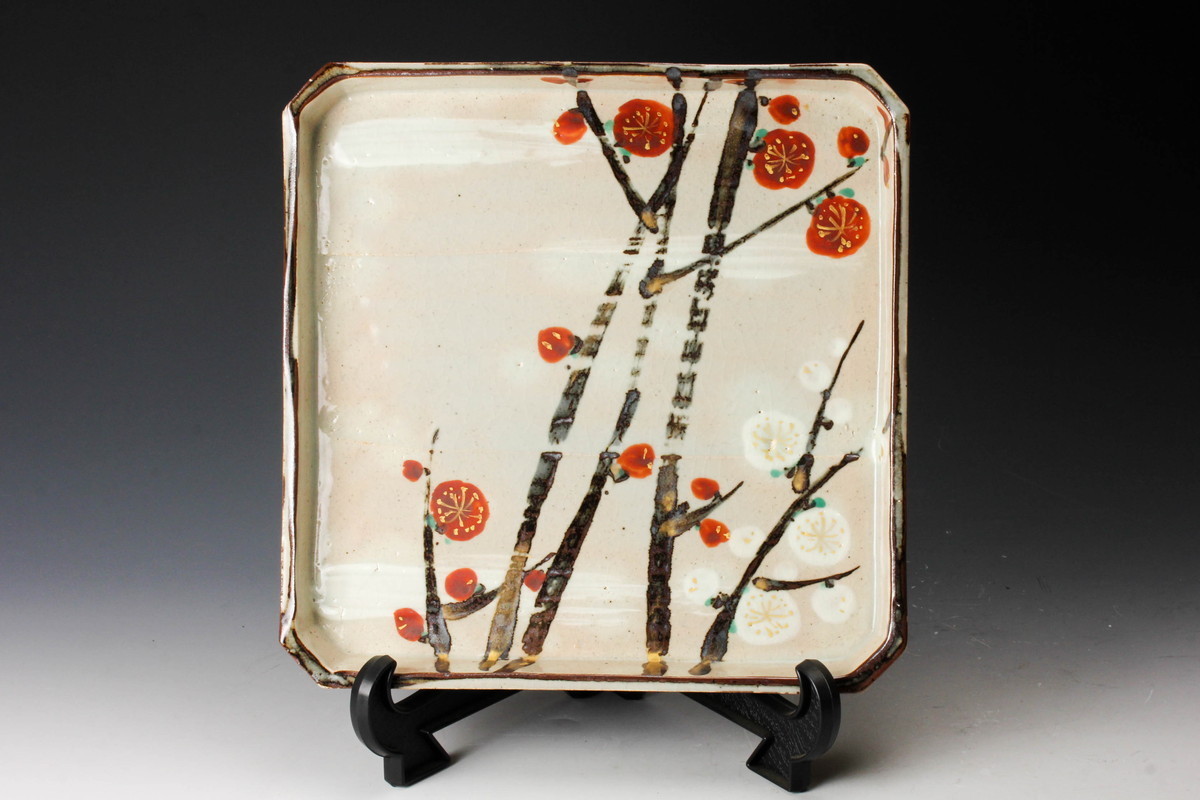 佳香】人間国宝 加藤卓男 本人作 幅24cm 紅白梅四方皿 共箱