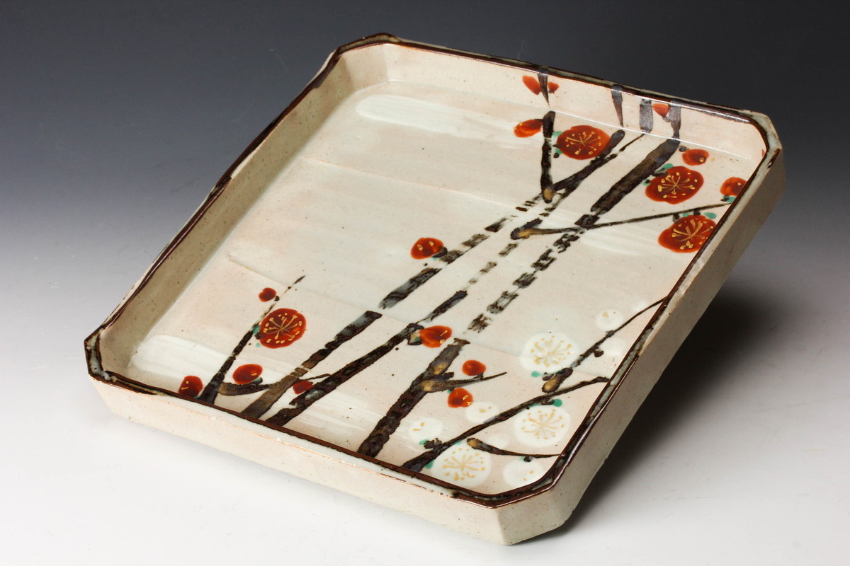 ☆ 人間国宝 加藤卓男 紅白梅四方皿 201-6/幸兵衛窯/人間国宝/加藤卓男/紅白梅四方皿/美濃焼