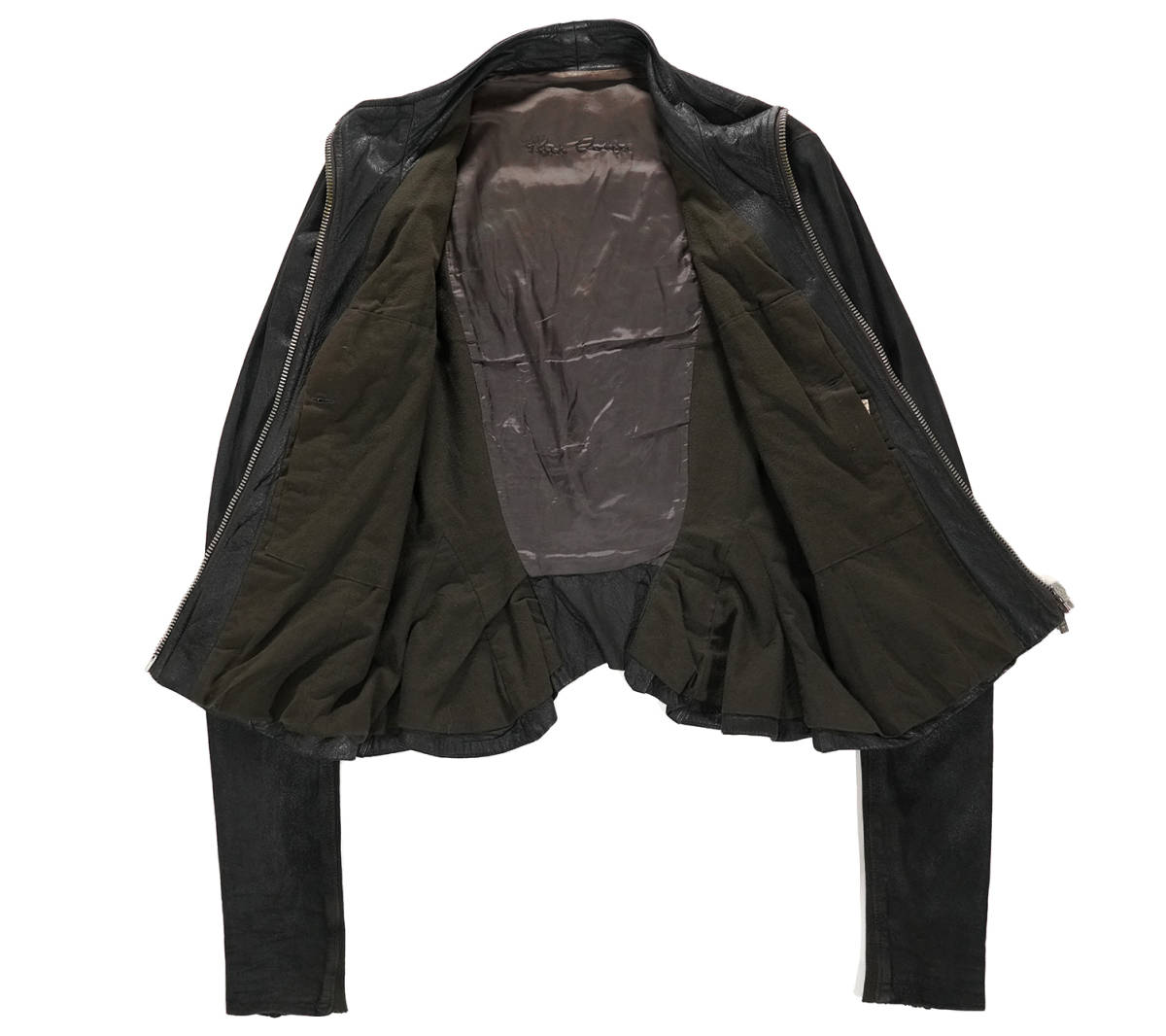 イタリア製 Rick Owens シングル リブ切り替え レザー ジャケット