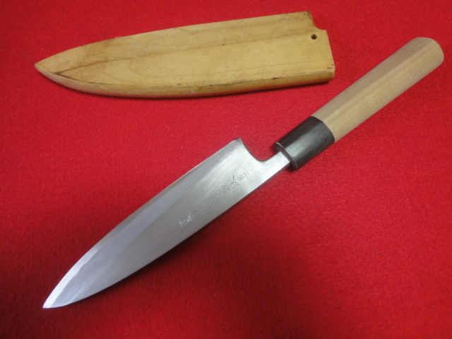 【有次】※青鋼/別打 相出刃包丁 刃渡16.8㎝ 全長30.8㎝ 峰厚7㎜ ※鞘付 ※片刃 中古品 全国一律送料1100円