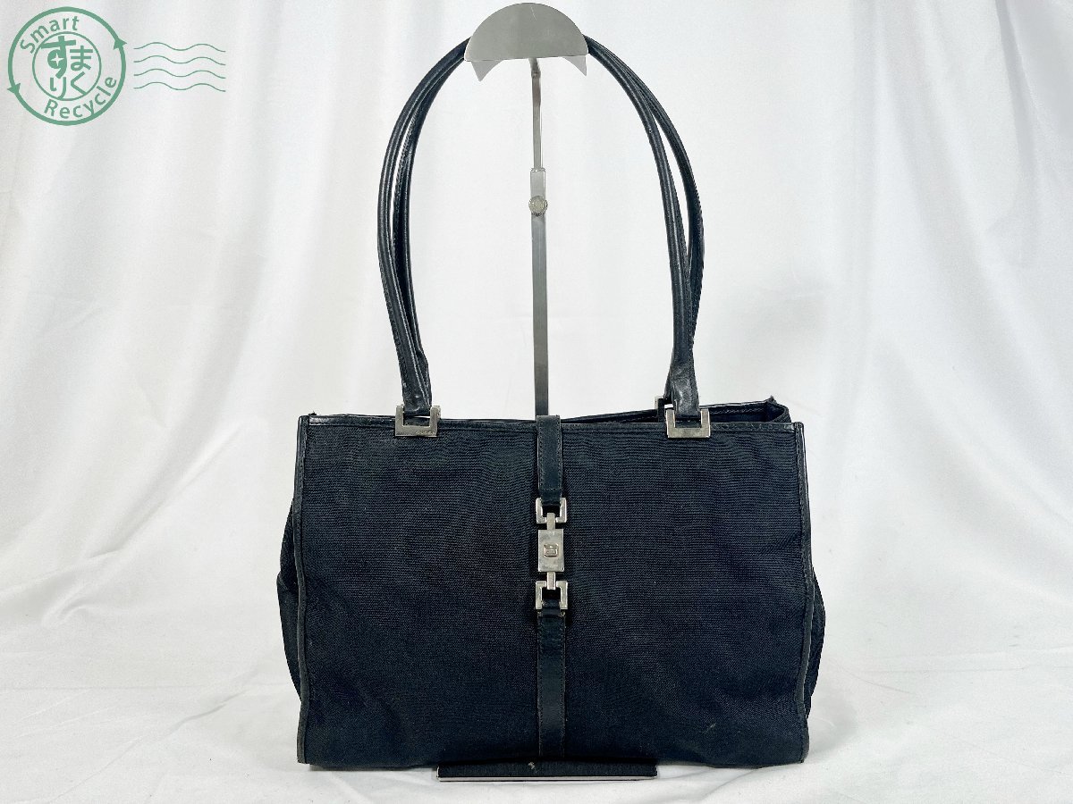 10260818 □ グッチ GUCCI ロゴ ナイロンキャンバス×レザー ハンド バッグ 鞄 ブラック 中古