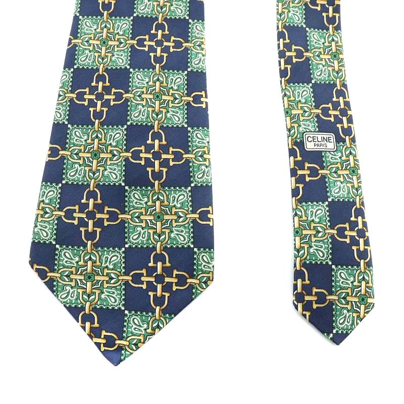 CELINE CELINE レギュラータイ グリーン 総柄 シルク100% レギュラー