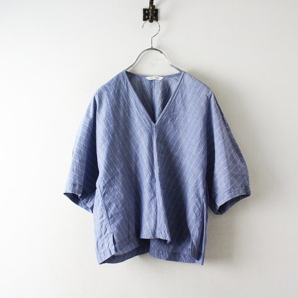 美品 PLAIN PEOPLE プレインピープル コットンリネン ストライプ Vネックブラウス 9/ブルー【2400013032483】