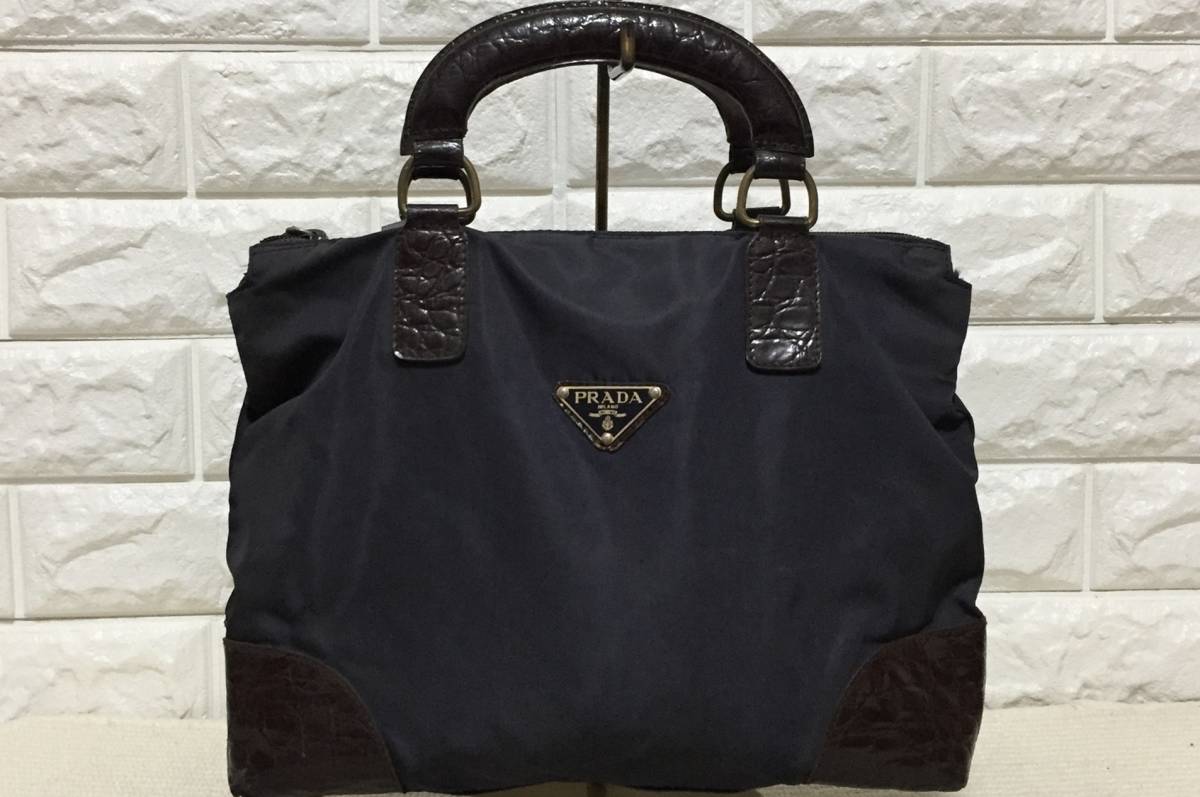 no9686 PRADA プラダ イタリア製 レザー ナイロン ハンド トート バッグ