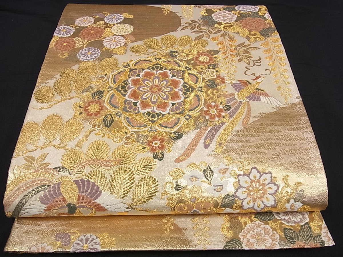 平和屋1□六通太鼓柄袋帯 玉虫金彩 螺旋 鳳凰花唐草文 黒地 逸品