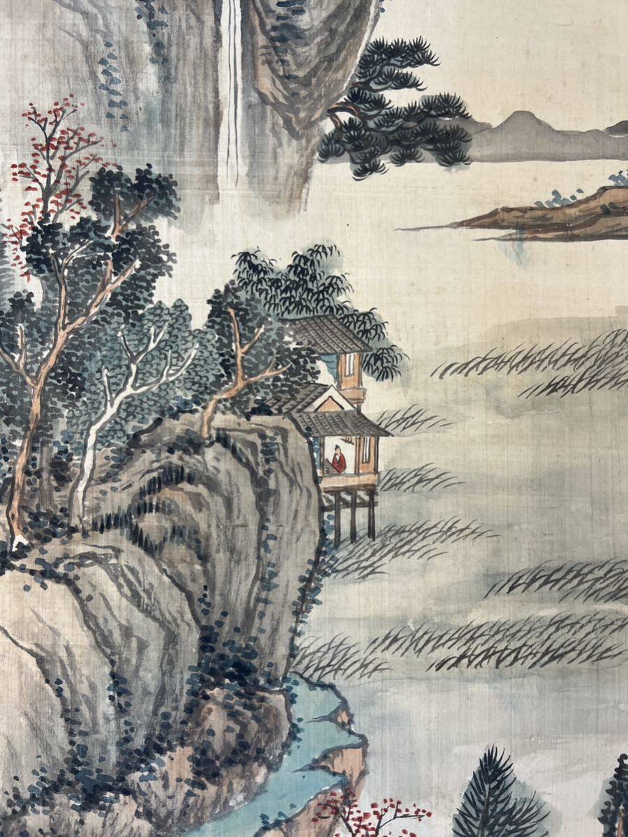 掛軸 中国画 李冷然 山水図 絹本