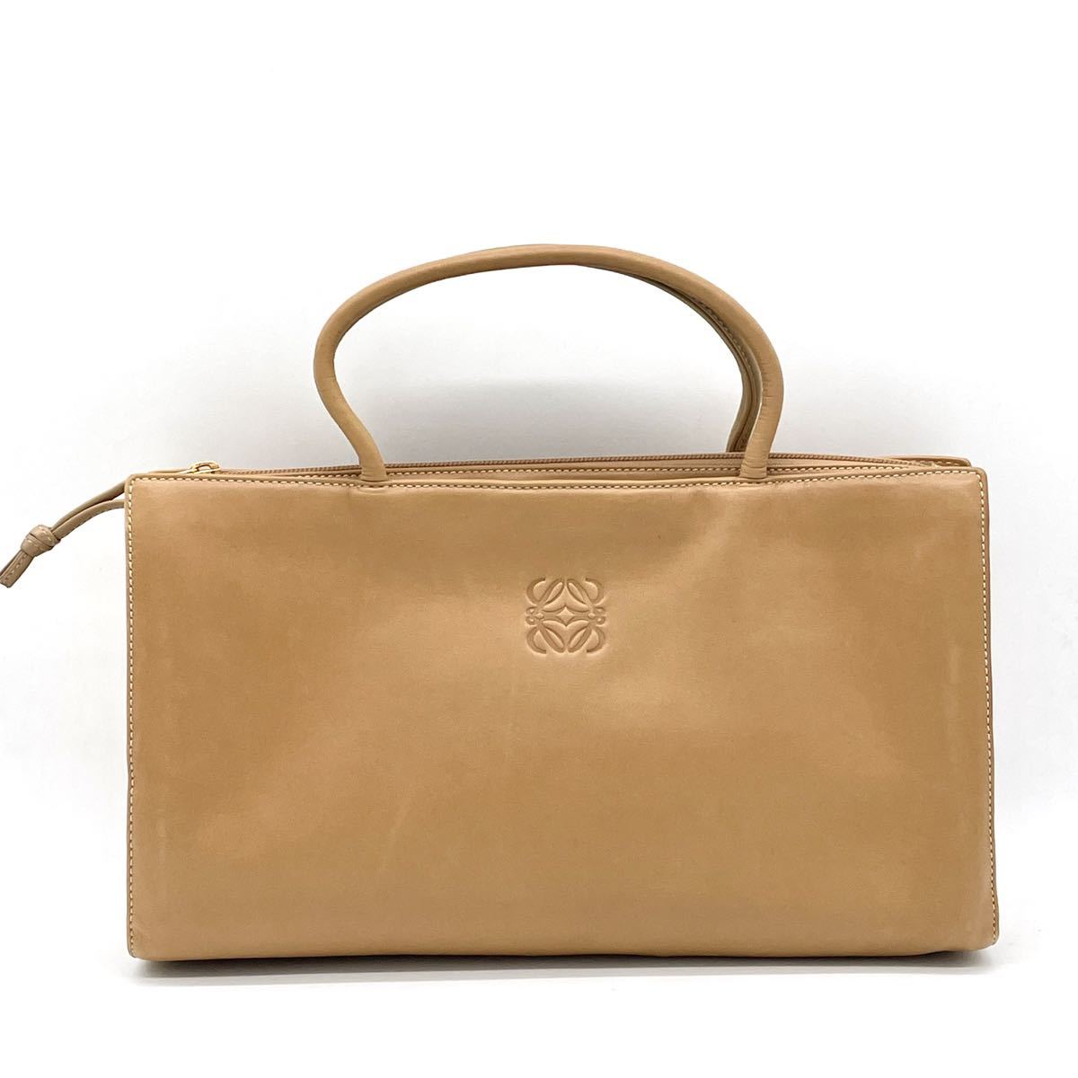 1円 良品 LOEWE ロエベ アナグラム ロゴ 型押し レザー ベージュ