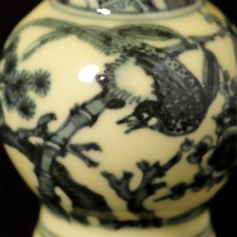 【二代三浦竹泉】黄釉三友絵箸瓶　本物保証　共箱付　≪美術品の極≫　No.1