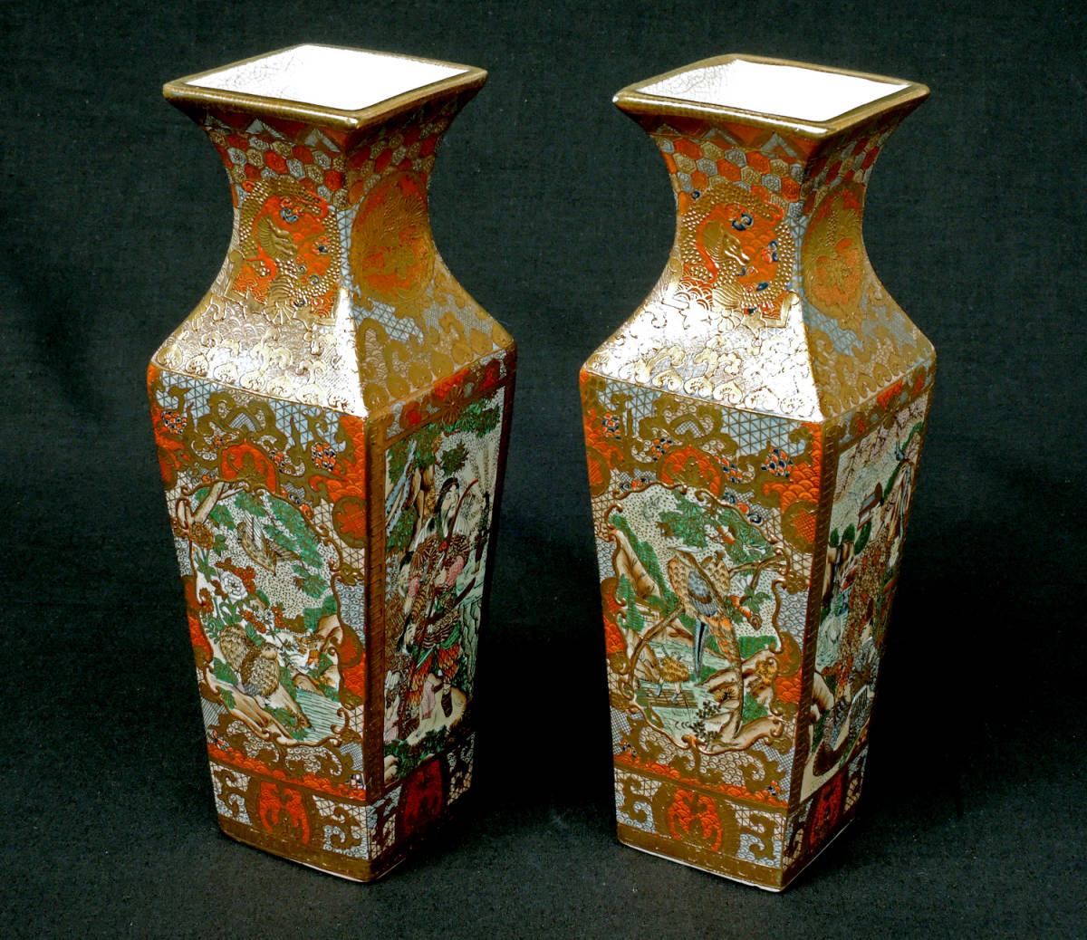 薩摩焼 色絵 - 花器 金彩 花瓶 金襴手 骨董 陶器 花入 鯉 絵付 壺 送料無料