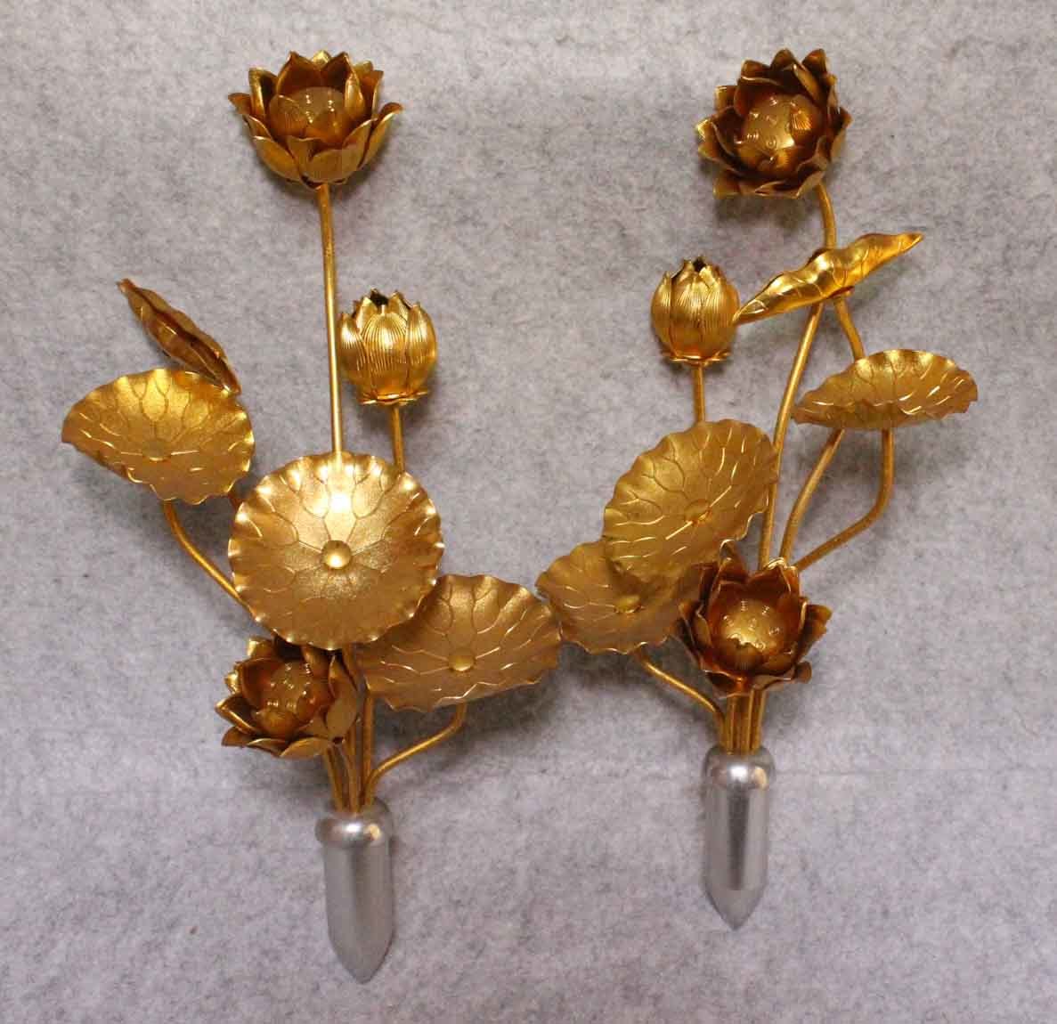 h130]仏具 常花 造花 金色 二個 34cm 蓮花 蕾 蓮葉 仏花 金属製 アルミ