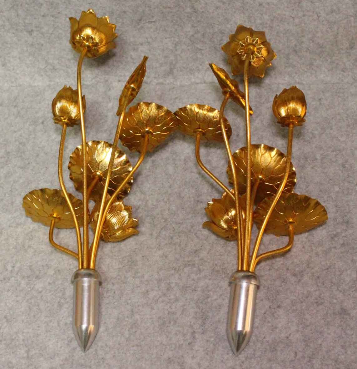 h130]仏具 常花 造花 金色 二個 34cm 蓮花 蕾 蓮葉 仏花 金属製 アルミ