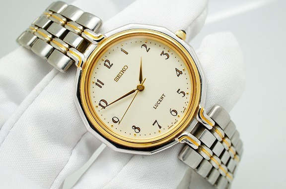 K79●作動良好 SEIKO セイコー LUCENT ルーセント 5E21-6D40 アイボリー文字盤 全アラビア数字 メンズ腕時計 コンビ お洒落 クォーツ