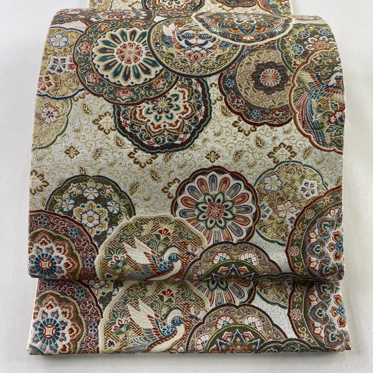 HOT，限定セール 競ナビ 袋帯 秀品 華文 向かい鳥 金糸 箔 銀色 六通 正絹(仕立て上がり)｜売買されたオークション情報、yahooの商品情報をアーカイブ公開 - オークファン 仕立て上がり