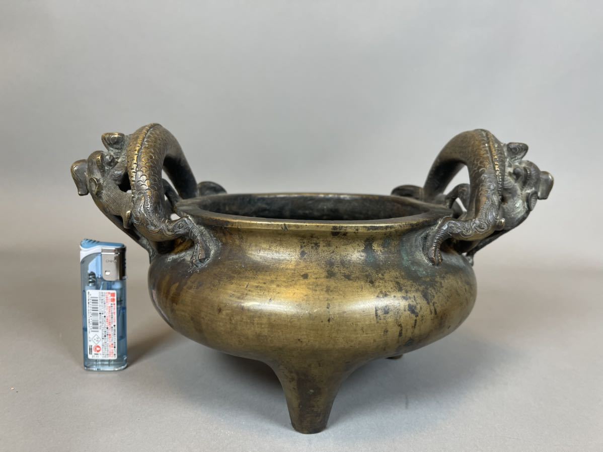 双耳 官帽 銅香炉 真鍮 三足 香道 供卓 復古 置物 工芸品 2持ち手 3脚 香炉 大明宣徳年製 古銅 香道具 古美術 三足 銅製 双耳 -