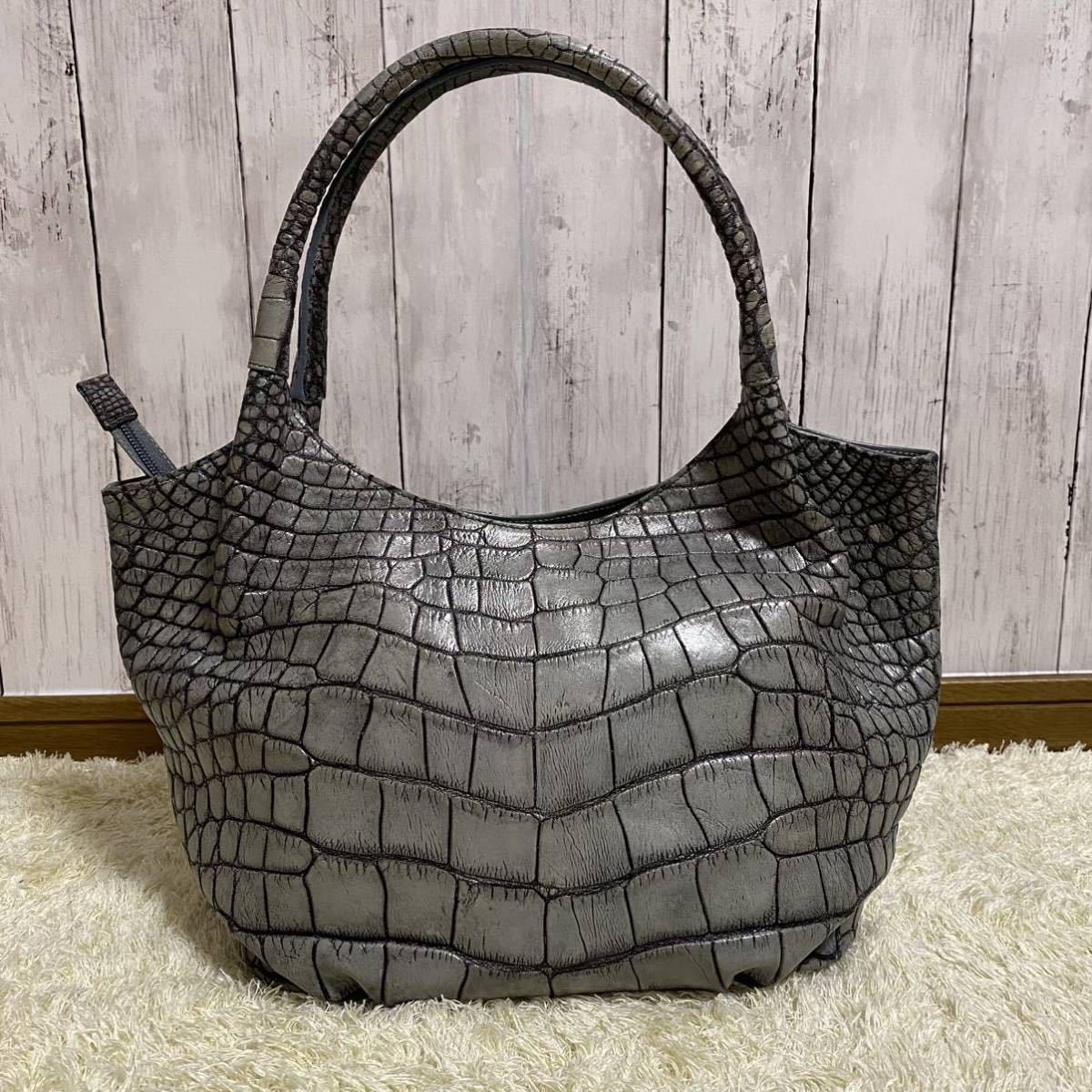 1円スタート 定価50万 ワニ革　クロコダイル エキゾチックレザー ハンドバッグ 1スタ グレー マットクロコ もちもち アリゲーター