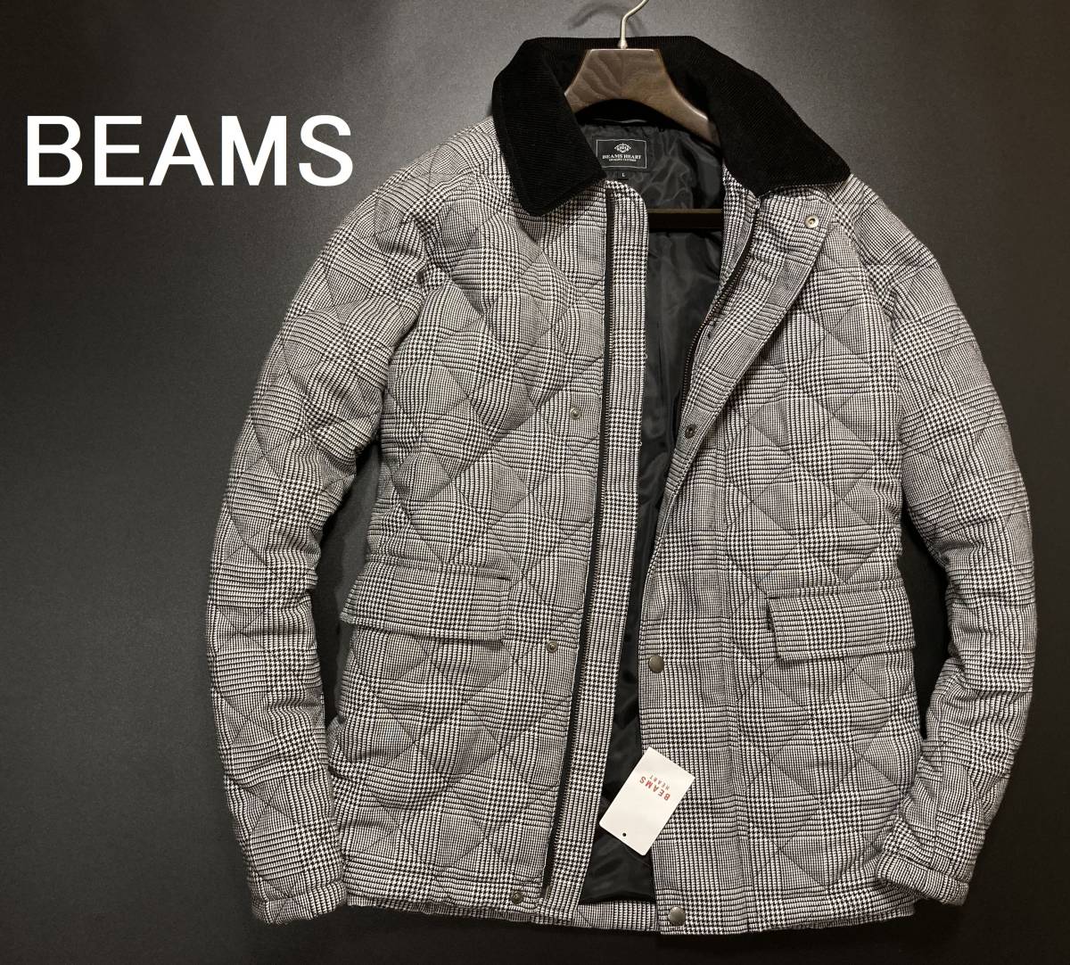 56268 新品▼ ビームス　英国調　グレンチェック柄　コーデュロイ襟　キルティングブルゾン　ＢＥＡＭＳ　グレー(M)