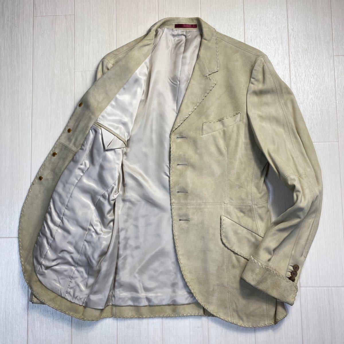 【ポールスミス/Paul Smith LONDON】柔質起毛 ラムスキン 羊革 デザインジャケット 編込みレザー アウター (メンズ M ホワイトベージュ)