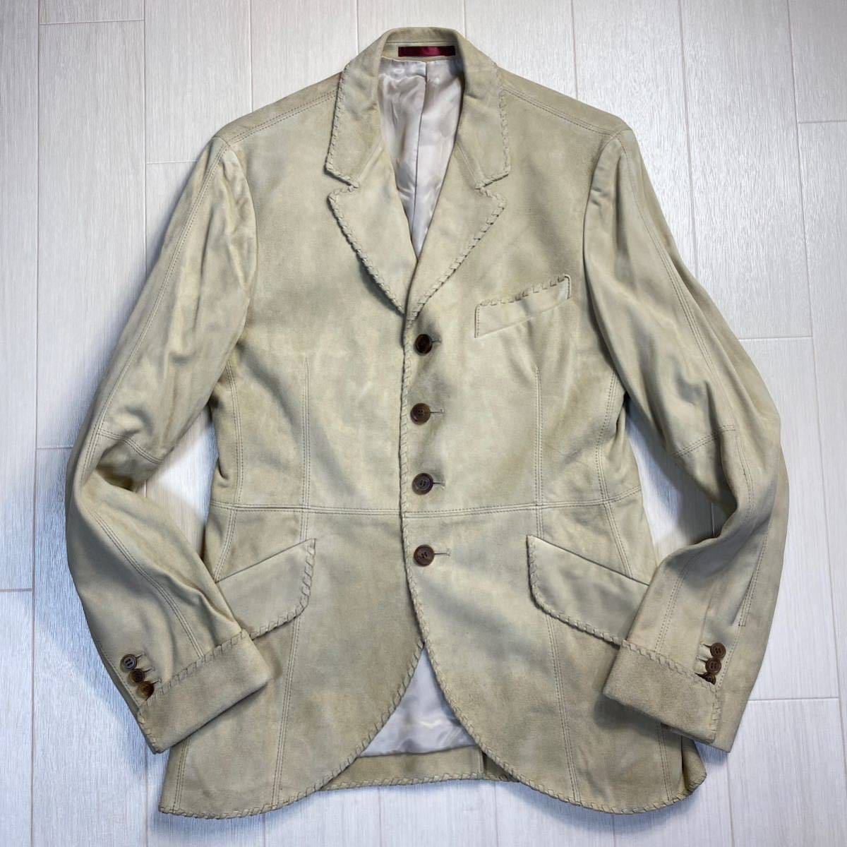 【ポールスミス/Paul Smith LONDON】柔質起毛 ラムスキン 羊革 デザインジャケット 編込みレザー アウター (メンズ M ホワイトベージュ)