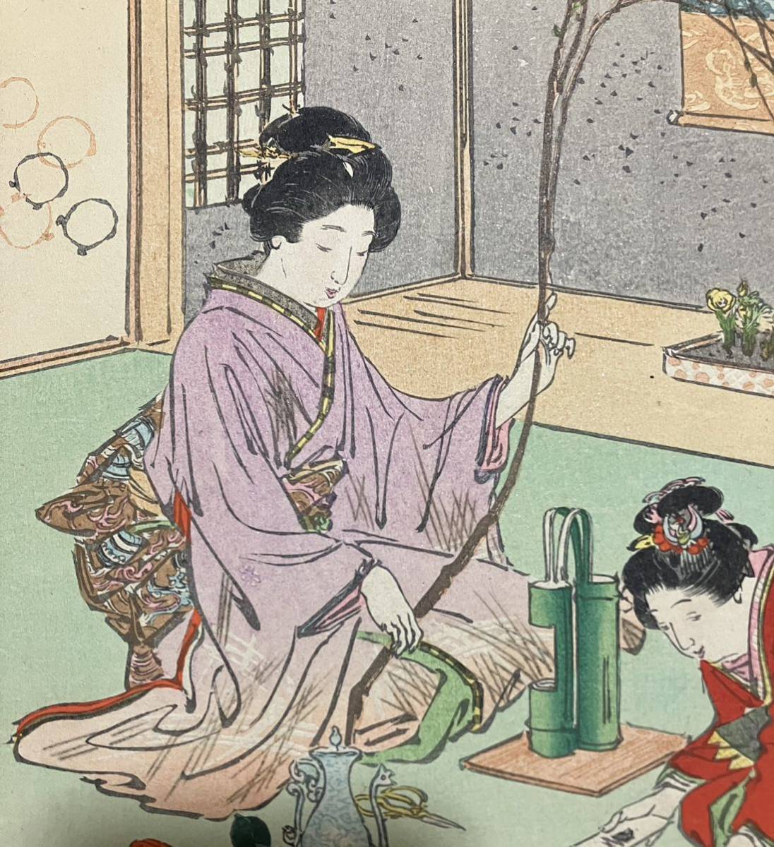 真作/本物 明治期 尾形月耕「美人花競 福寿」浮世絵 木版画 美人図