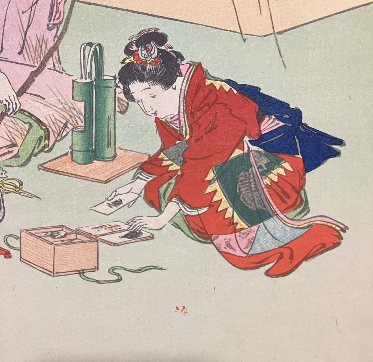 真作/本物 明治期 尾形月耕「美人花競 福寿」浮世絵 木版画 美人図