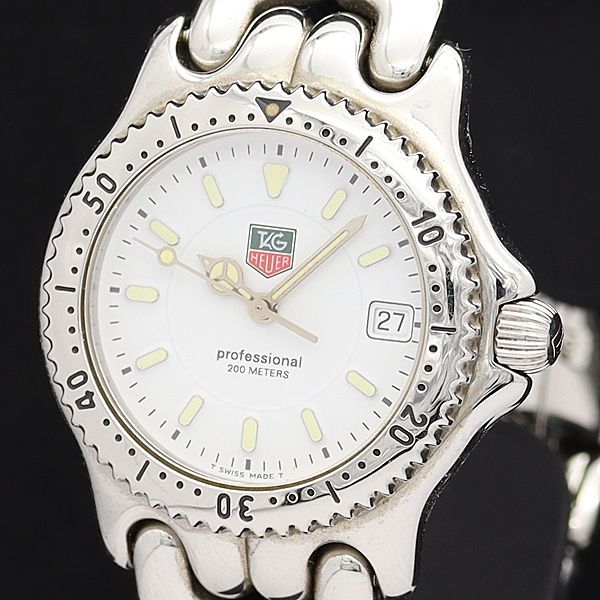 1円 稼働 良品 タグホイヤー QZ WG1210-K0 セル プロフェッショナル 200M デイト ラウンド 白文字盤 メンズ/ボーイズ腕時計 0848100▽